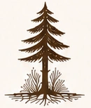 Line drawing of a tall pine tree with deep roots and young saplings growing at its base