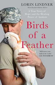 Front cover of Birds of a Feather by Lorin Lindner, showing a soldier in a camouflage cap holding a white cockatoo