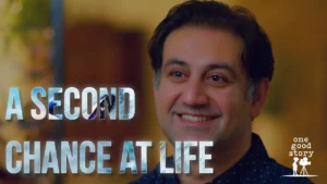 Iman Aghay smiling to camera, under the film title A Second Chance at Life