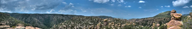 A wide view of rocky pinnacles and wooded ridges in the Chiricahua Mountains of southern Arizona.