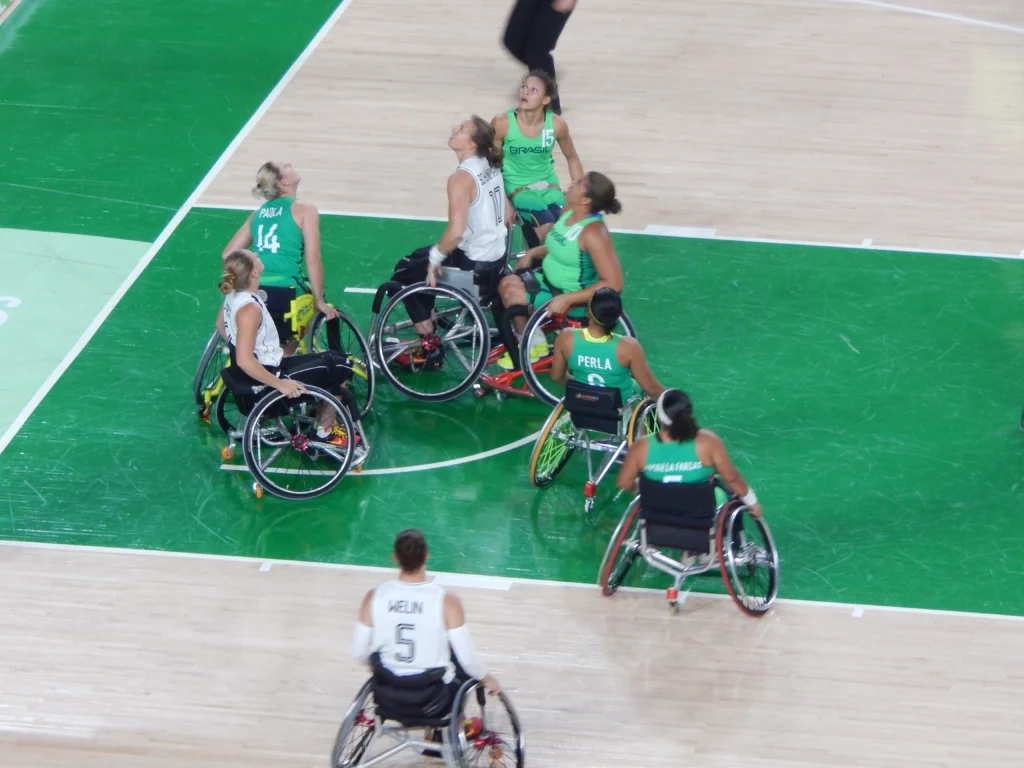 Brazil playing Germany at wheelchair basketball during the Rio 2016 Paralympic Games. Photograph by Hawkeye7, Creative Commons Attribution ShareAlike 4.0 licence.
