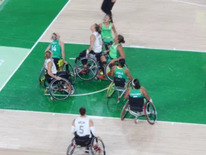 Brazil playing Germany at wheelchair basketball during the Rio 2016 Paralympic Games. Photograph by Hawkeye7, Creative Commons Attribution ShareAlike 4.0 licence.