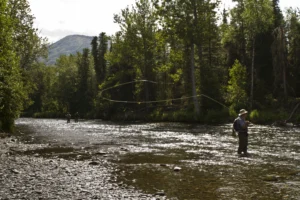 An angler casting a fly line in a wide river, with two more figures far upstream and forest on both banks. No face is readable. It illustrates fly fishing as a subject and does not show this show's hosts or guests.