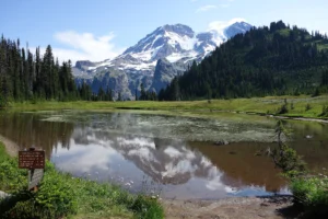 Illustration only, not an REI photo. Aurora Lake and Mount Rainier from the Wonderland Trail, a National Park Service photo.